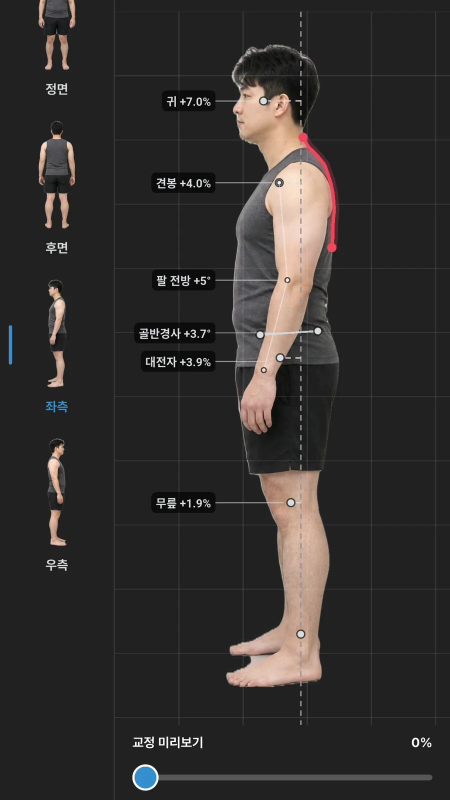예시 화면 — 목표 자세 미리보기. 어두운 격자 위 회원 사진과 기준점