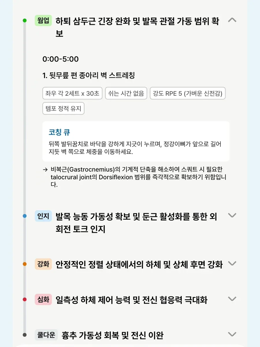 예시 화면 — 다음 세션 계획. 웜업 · 인지 · 강화 · 심화 · 쿨다운 구간
